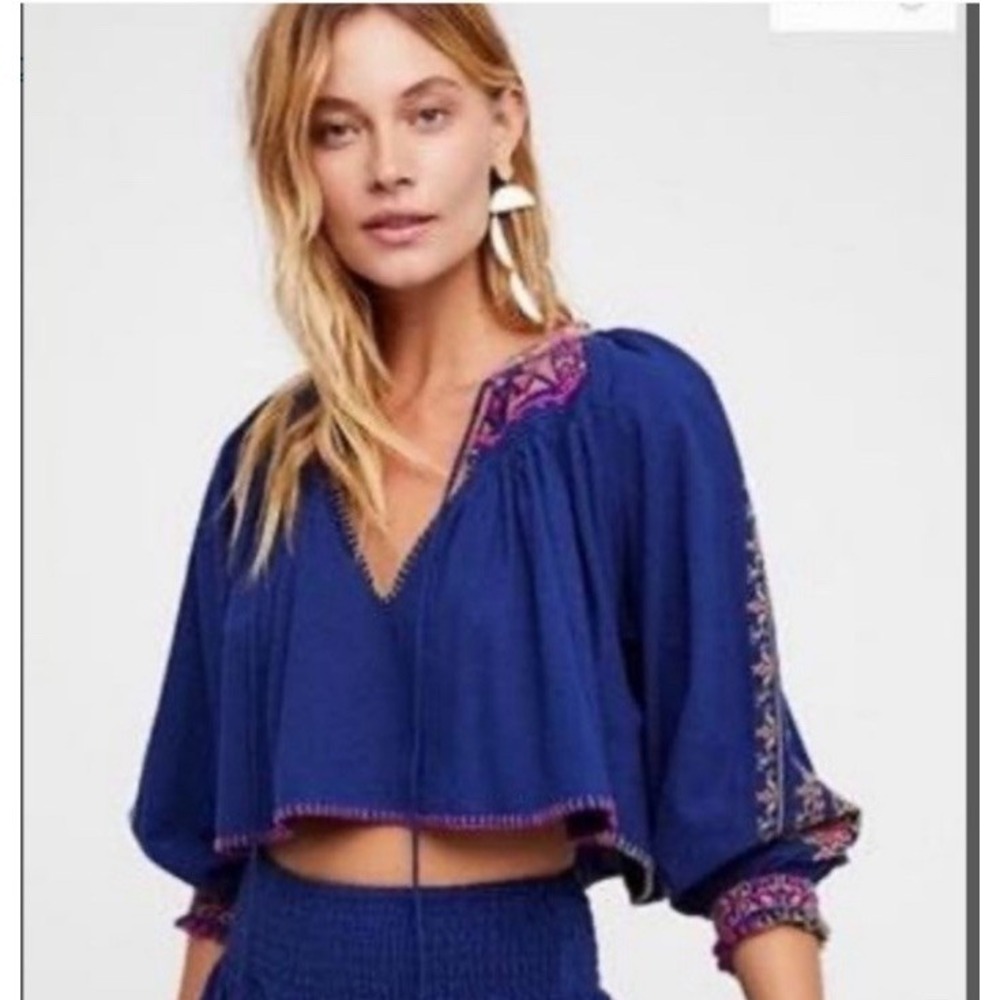 Free People Cherry Bomb Embroidered Cropped Top Boho Peasant Ballon Sleeve Small
